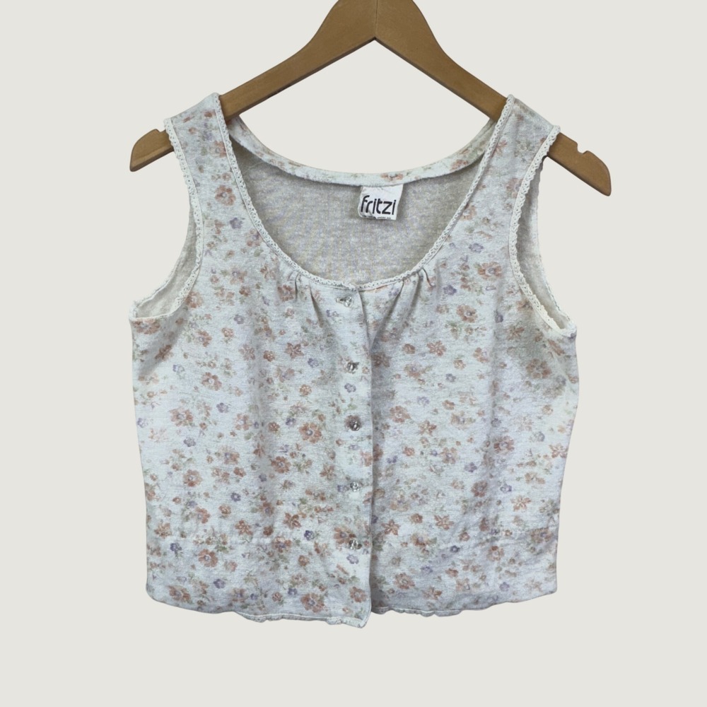 Fritzi Floral Button Front Tank Top Womens‎ Medium White Cottagecore Vintage
